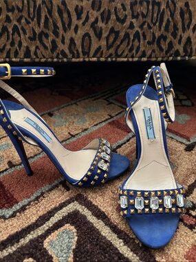 Prada Blue Suede Jeweled Ankle-Strap Heels
